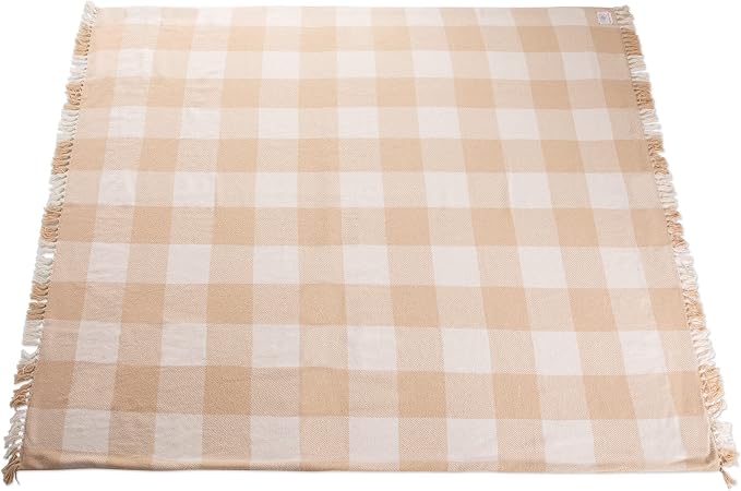 Picnic TIME Montecito Picnic Blanket with Harness, Large 60" x 70" Outdoor Blanket, Woven Cotton Top with Water-Resistant Poly Duck Backing, Sandproof Beach Mat for Camping & Travel (Beige Gingham)