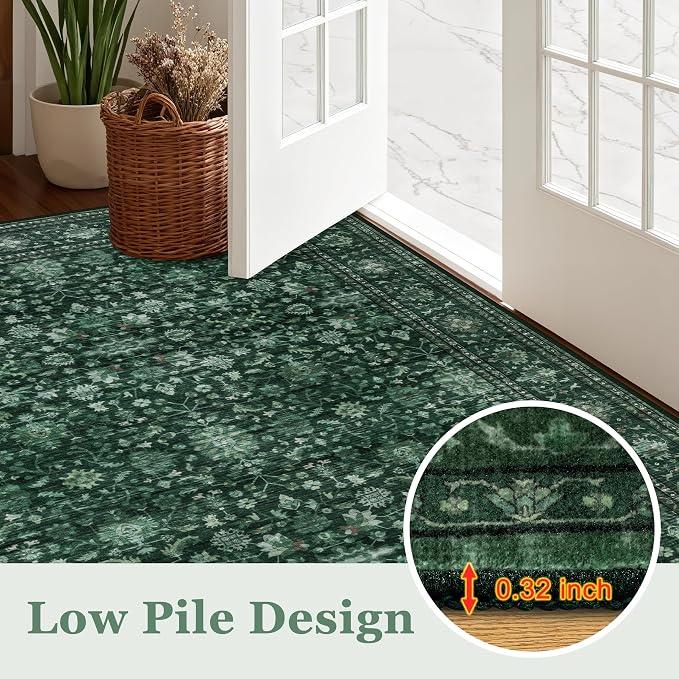 4x6 Area Rugs Living Room: Washable Rug for Bedroom Deep Green | Boho No Slip Stain Resistant Rug Soft Indoor Decor Floor Floral 4x6 Area Rugs for Dining Room, Nursery, Hallway, Home Office