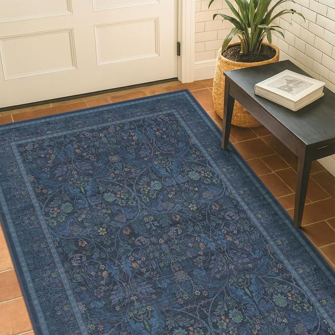 3x5 Large Entryway Rugs, Non Slip Washable Area Rug for Kitchen, Bedroom, Laundry, Navy Low Pile Stain Resistant Flower Victorian Indoor Carpet (Dark Blue)