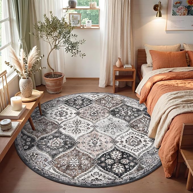 ROYHOME Round Rug 6ft Moroccan Trellis Area Rug, Grey/Taupe | Stain Resistant Non-Slip Circle Rug Vintage Distressed Round Throw Carpet for Living Room Bedroom Kids Room Playroom