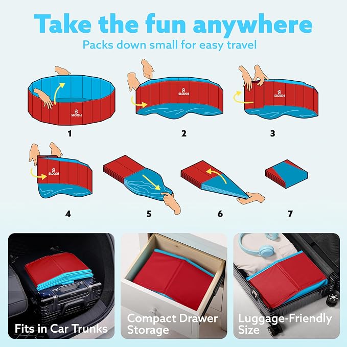 SLOOSH Foldable Dog Kiddie Pool - Portable Hard Plastic Doggie Swimming Pool, Anti-Slip Collapsible Pets Bath Tub Suitable for Kids Toddler Indoor Outdoor Backyard Use (Red, 63" x 12")