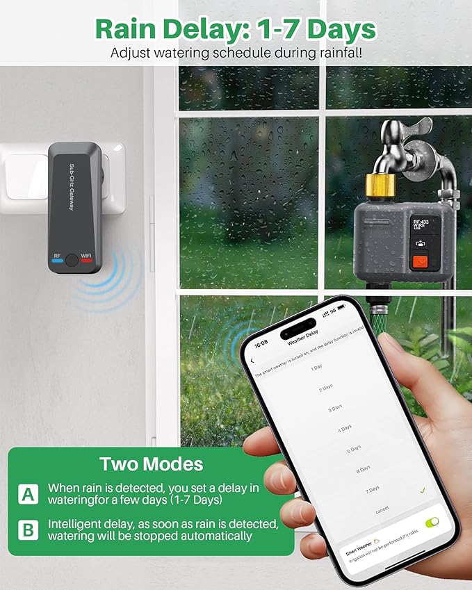 WiFi Water Timer for Garden Hose, WiFi Sprinkler Controller with 984ft RF Range, Strong Wall Penetration, Alexa & Google Voice/App Control WiFi Hose Timer with Rain Delay, Manual Mode