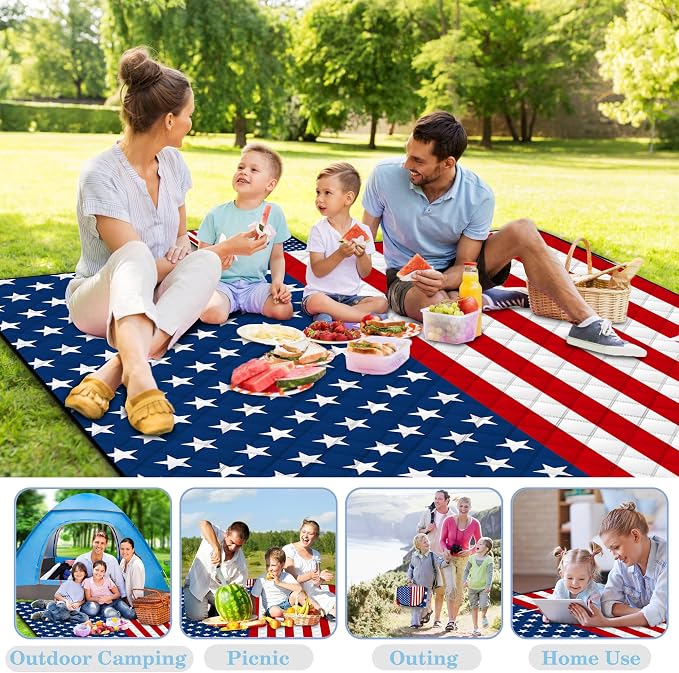 Poedist Extra Large Patriotic Picnic Blanket Waterproof,80"x 80"Foldable Machine Washable Beach Blanket,Outdoor Blanket for 6-8 Adults,Suitable for Indoor Crawling,Park Beach,Camping,Hiking,Travel
