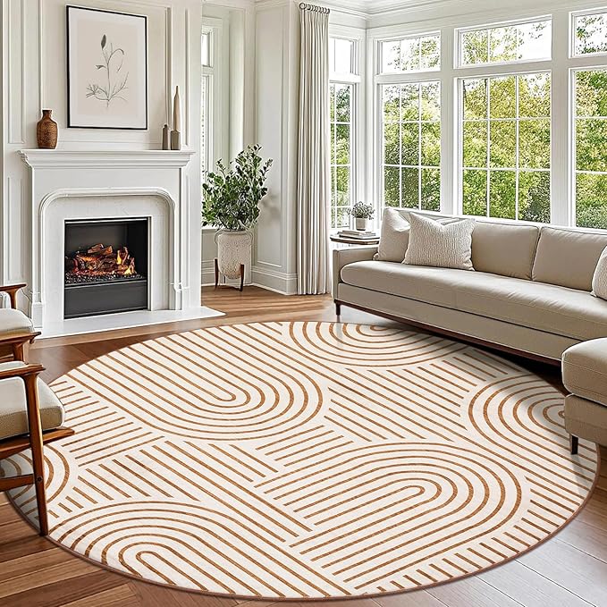 ROYHOME Modern 6ft Round Washable Rug for Living Room Soft Non Slip, Orange | Abstract Area Rug for Bedroom, Rainbow Throw Rugs with Rubber Back, Low Pile Stain Resistant Geometric Carpet for Dining Room