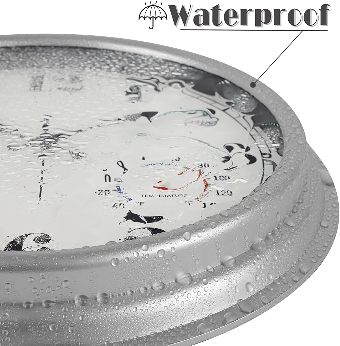 JENLYSTIME 16 Inch Silver Vintage Waterproof Indoor/Outdoor wall Clock with Thermometer & Hygrometer, Large Numerals & Silent Sweep Movement - Ideal for Porch, Garden, Pool