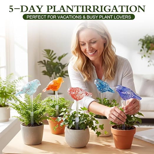 Duraaamo Self Watering Plant Globes Set of 5 - Bird Shaped Multicolor Hand Blown Glass Watering Bulbs, Automatic Plant Accessories Devices for Indoor & Outdoor Plants, Decorative Garden Stakes