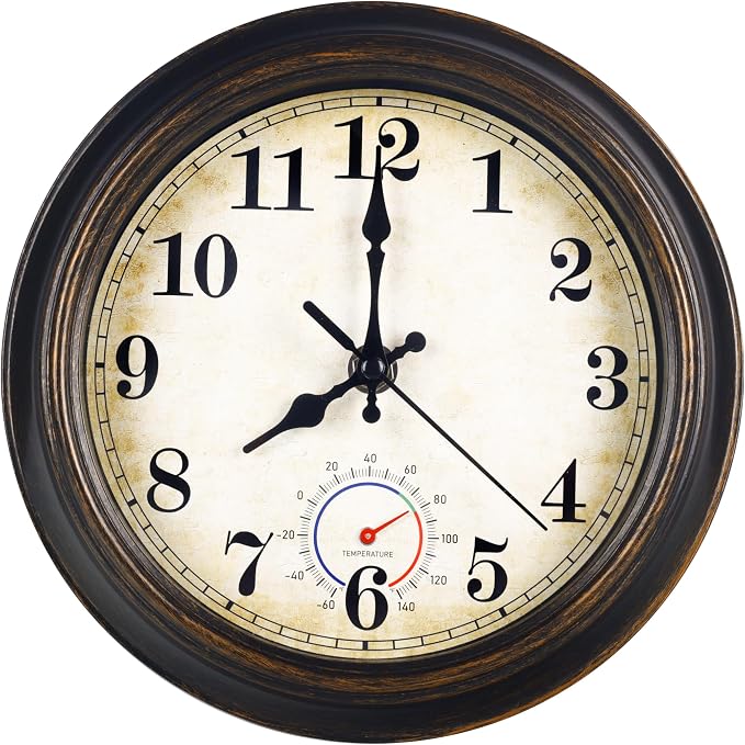 Outdoor Clock Waterproof with Thermometer Wall Clock for Patio Pool Bathroom Kitchen 8 Inch Bronze