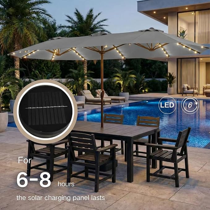 Kingdura 15ft Large Patio Umbrella with Solar Lights, Double-Sided Rectangle Lighted Outdoor Table Umbrella with Base Included, 12 Reinforced Ribs, 48 Led Lights, Crank Lift for Market Pool Deck Backyard, Light grey