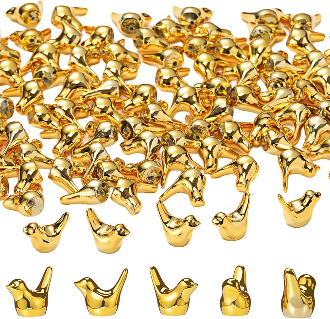 Sieral 50 Pcs Gold Mini Bird Figurines Miniature Resin Bird Statues Small Animal Statues Fairy Garden Accessories for Micro Garden Landscape Dollhouse Cake Potted Plants DIY Craft, 0.59" x 0.67"