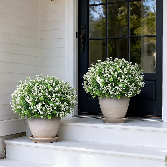 Artificial Eucalyptus with Baby's Breath Topiary Ball Trees - 2 Set Plastic Faux Eucalyptus Plants in Pot, Sun Resistant Fake Greenery Potted Bushes for Front Door Farmhouse Garden Porch Decor