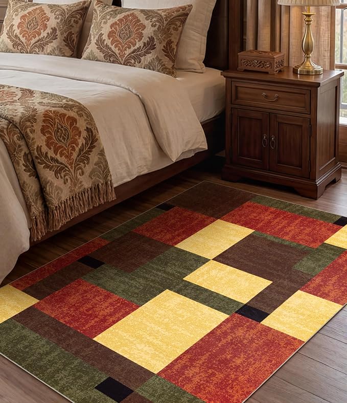 Red and Green Rug 3x5, Burgundy Farmhouse Vintage Rugs Washable for Living Room,Burnt Orange Area Rug Non Slip,Geometric Boho Area Rug for Kitchen,Dining Room,Bedroom