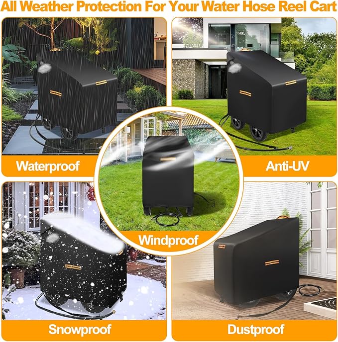 Hose Reel Cart Covers for Outside,Heavy Duty 420D Hosepipes Cover for Garden with Air Vent,Waterproof Strip,2 Reflective Strip Handles,Univeral Protective Hose Holder Cover,All Season Protection