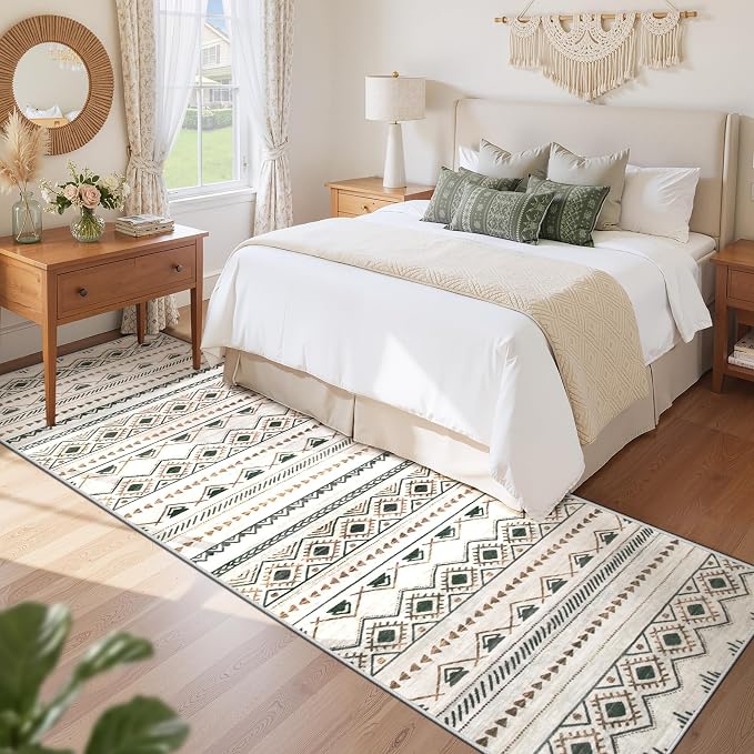 Runner Rug 2x8 Boho Geometric Area Rugs: Washable Kitchen Rug, Soft Non Slip Moroccan Long Hallway Rugs for Bedroom Bathroom Laundry Entryway Staircase Foyer(Brown Green,2'x8')