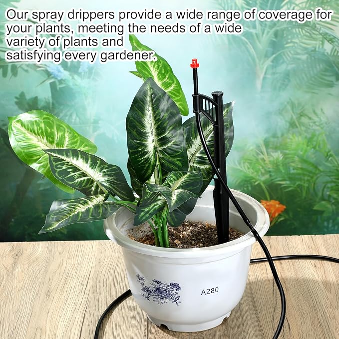 50 Pcs 12.8 Inch Drip Irrigation Stakes with 360 Degree Sprayer Emitters and Sprinkler Extension Riser for 1/4 Inch Drip Tubing Micro Sprinkler Heads Stakes for Garden Watering System, Red