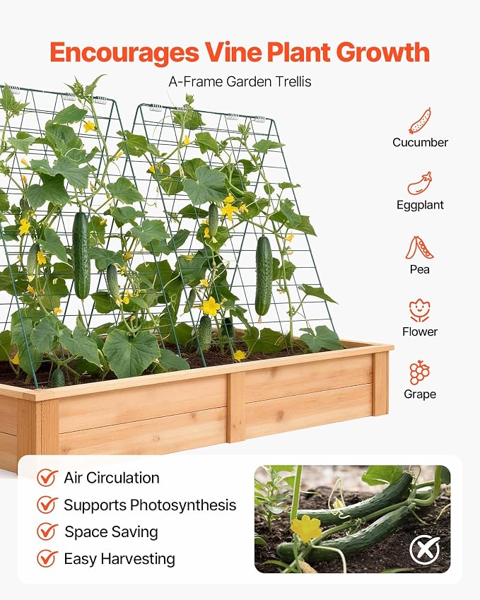 VEVOR Cucumber Trellis, 35" x 55" Foldable A-Frame Garden Trellises for Raised Bed, 4 Panels, Metal Rustproof Outdoor Climbing Plant Support with Gloves for Vine, Peas, Beans, Tomato, Flowers