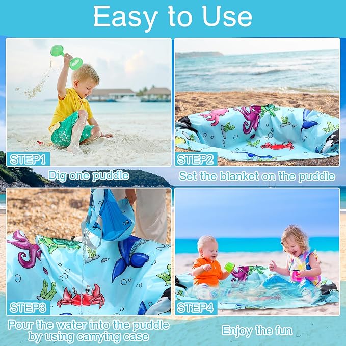 Tondiamo Baby Beach Pool for Toddler Kids Waterproof Foldable, 4.6 x 4.6 ft | 2 in 1 Sandproof Play Blanket, Portable Outdoor Vacation Summer, Mini Splash Pad, Quick Setup with Drawstring