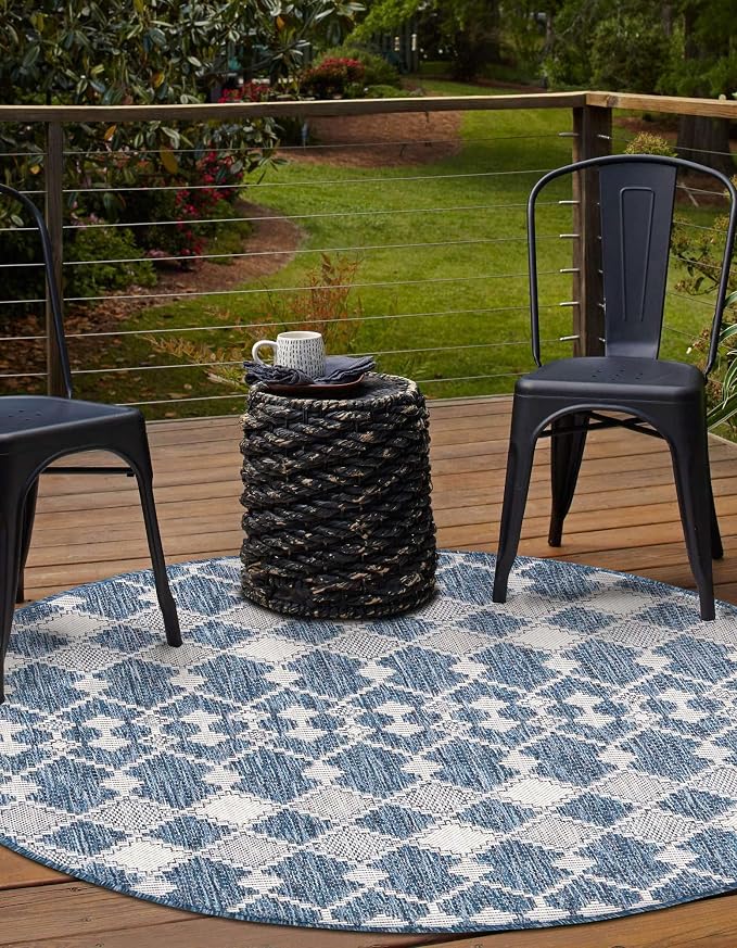 Unique Loom Outdoor Trellis Collection Area Rug - Traliccio (4' 1" Round, Blue/ Ivory)