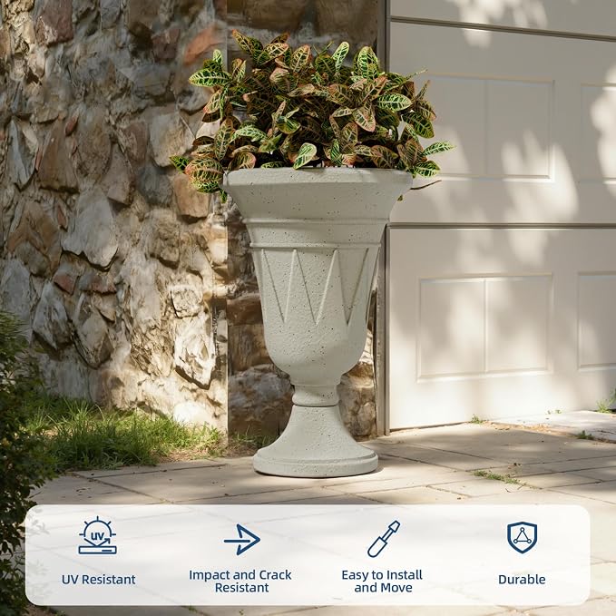 Tall Urn Planters for Outdoor Plants Set of 2-23.6" H Vintage Trophy Design Outdoor Planters for Porch Decor with Drainage Hole, Indoor Large Flower Pots, Pedestal Planter/Garden Vase, Beige
