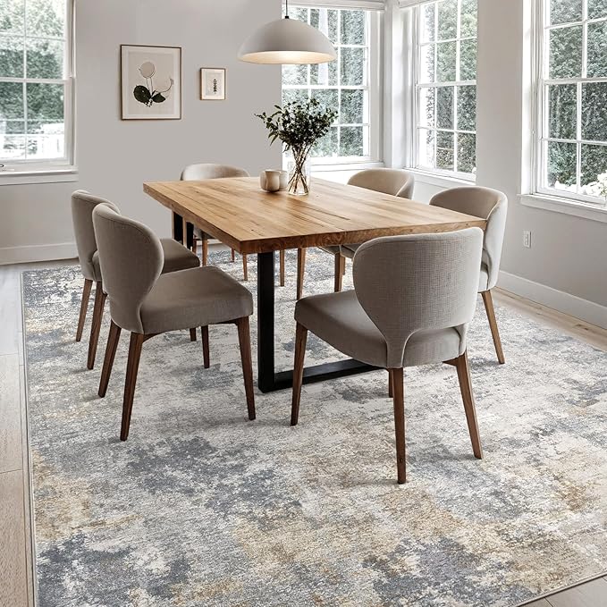 UERMEI 7x9 Area Rug Living Room Rugs - Washable Neutral Modern Abstract Soft Thin Large Rug Indoor Floor No Slip Rug Carpet for Bedroom Under Dining Table Home Office Decor - Blue Grey