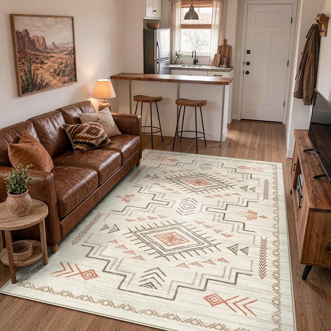 STARUIA Washable 8x10 Area Rug for Living Room, Beige Western Aztec Tribal Moroccan Area Rug, Boys Neutral Rug for Bedroom, Soft Non-Slip Non-Shedding Large Carpet Under Dining Table Home Office