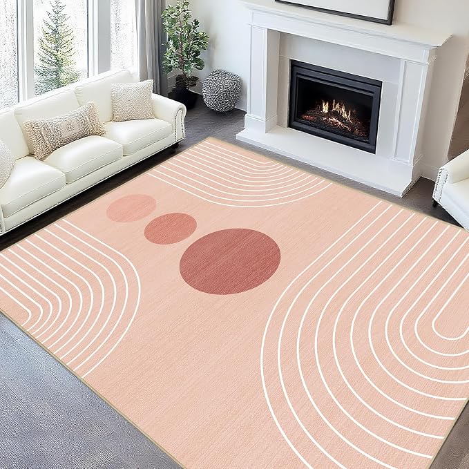 8x10 Area Rug for Living Room Boho Modern Minimalist Geometric Abstract Large Rug Pink Mid Century Modern Machine Washable Non-Slip Printed Low-Pile Indoor Floor Carpet Dining Room Bedroom Pink