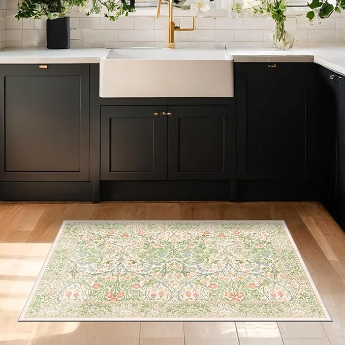 Washable Rug 2x3 - Front Door Rugs Indoor, Non-Slip Bathroom Small Rugs, Vintage Floral Style Rug for Kitchen, Perfect for Entryway Décor (2x3 Beige Green)
