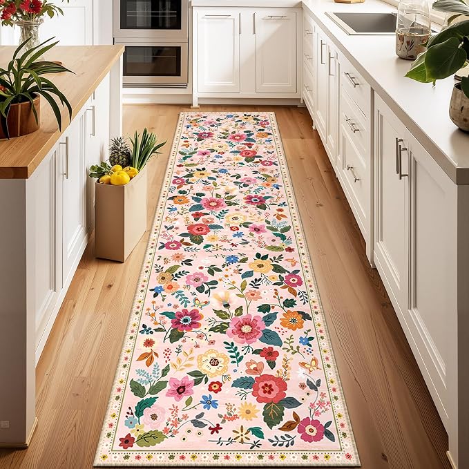 Floral Washable 2x6 Area Rugs Runner Entryway Hallway Pink | Flower Carpet, Print, Boho, Non-Slip, Easy to Clean, Low Pile, Soft, for Living Room Bedroom Kitchen Office Entrance