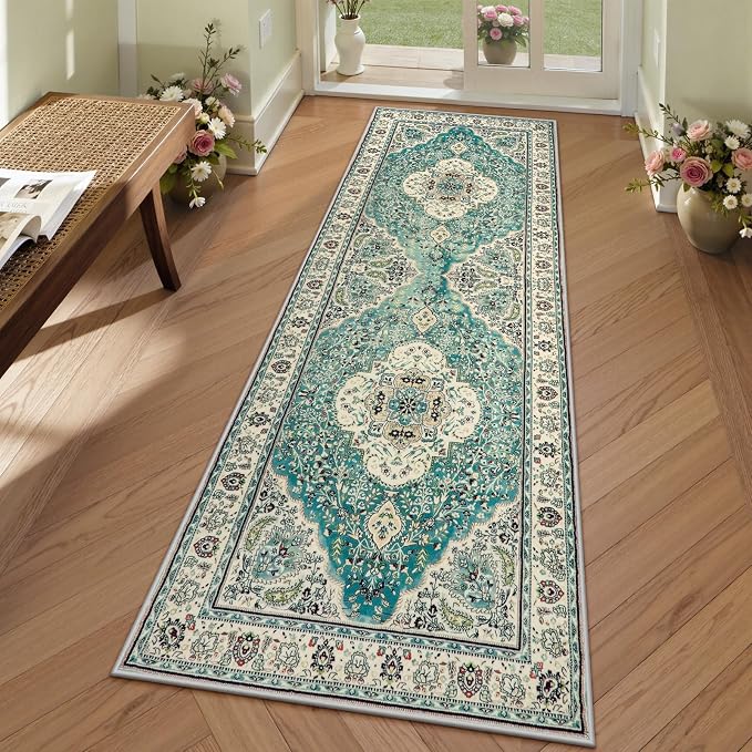 Lahome Felice Floral Medallion Runner Rug - 2x7 Hallway Kitchen Vintage Runner, Non-Slip Washable Lightweight Low-Pile Bedside Mat Indoor Floor Carpet for Entrance Laundry Bathroom, Sky/Baby Blue