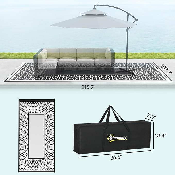 Outsunny Outdoor Rug for Patio, 9' x 18' Waterproof Large Mat, Reversible Plastic Straw Rug for Decor, Portable Outside RV Camping Area Carpet Mat for Backyard Porch Deck Picnic, Black & White Gourd