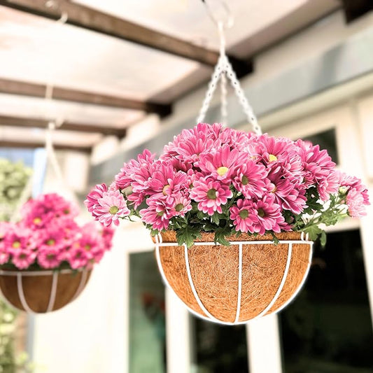 LaLaGreen Hanging Baskets for Plants (2 Pack, 10 Inch) White Hanging Planter Outdoor with Coco Liner, Metal Wire Flower Basket Pots Holder Hanger Hook Deck Patio Porch Garden Balcony Outside Decor