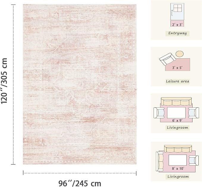 Latte&Fog 8x10 Area Rugs for Living Room Washable Large Pink Rugs Cute | Non Slip Low Pile Soft Floral Carpet for Girls Bedroom Dining Kitchen Kids Playroom Nursery Classroom Dorm Farmhouse Office