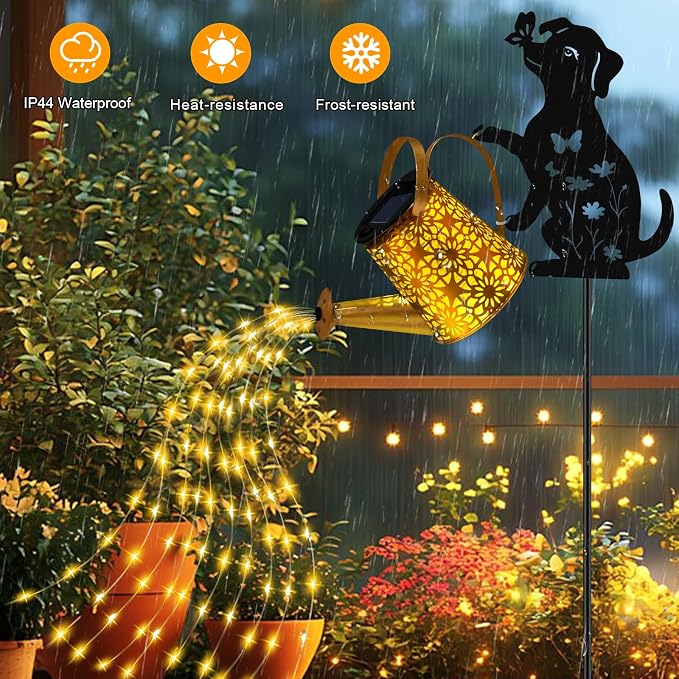 Solar Lights Outdoor Decorative, Watering Can with Cascading Lights, with Dog Silhouette Garden Stakes, Waterproof Metal Garden Decor Mom Christmas Gifts 2 Pack