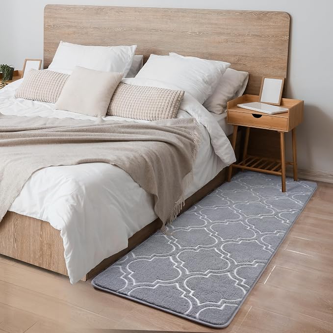 Chicrug 2x6 Shag Geometric Modern Runner Rug for Bedroom Hallway | Memory Foam Indoor Runner Carpet, Fluffy Rug for Living Room Bedside Room for Family, Grey and White