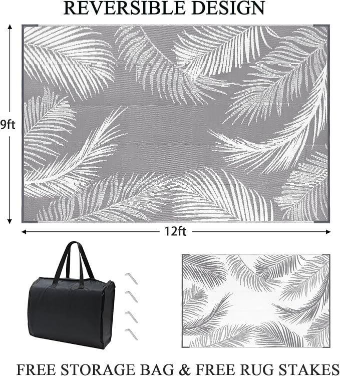 Pauwer Waterproof Outdoor Rug 9x12, Reversible Plastic Straw Patio Camping Rug, Indoor Outdoor RV Mat Carpet for Deck, Camper, Porch, Balcony, Backyard, Picnic, Leaf Grey