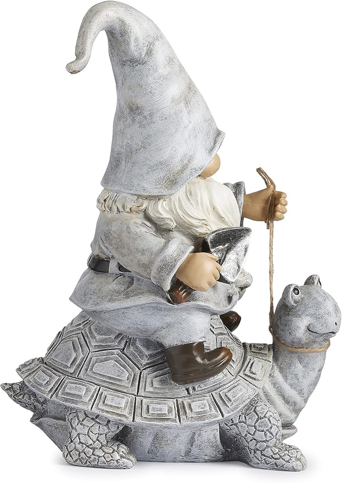 Roman Inc. Giftware Garden Collection Gnome Riding Turtle Statue, Resin and Stone, 11.5" H, Decorative Garden Gift, Home Outdoor Decor