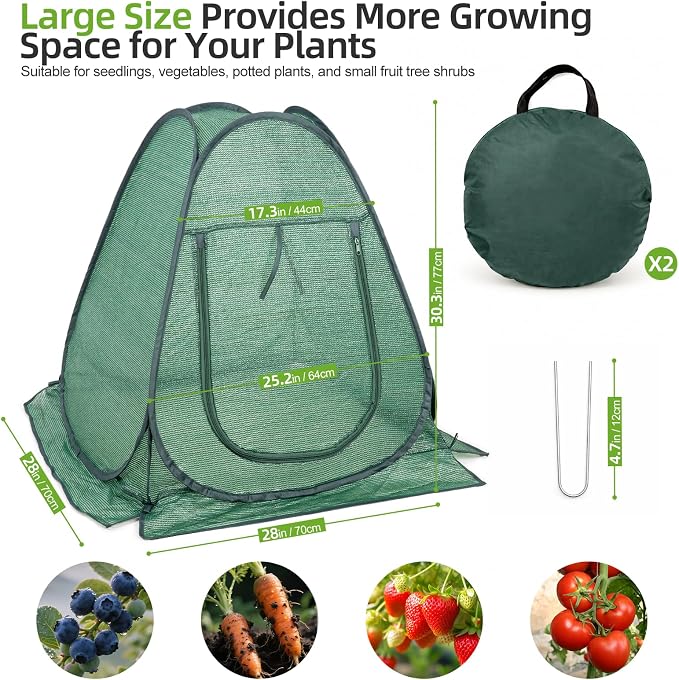 SPECILITE 28x28x32 in Pop Up Plant Shade Cover Tent, Plant Protectors from Animals, Garden Netting Cover with Zip Entry for Protect Flower Tomato Vegetable from Deer Cat Bird Squirrel, Green-2 PCS