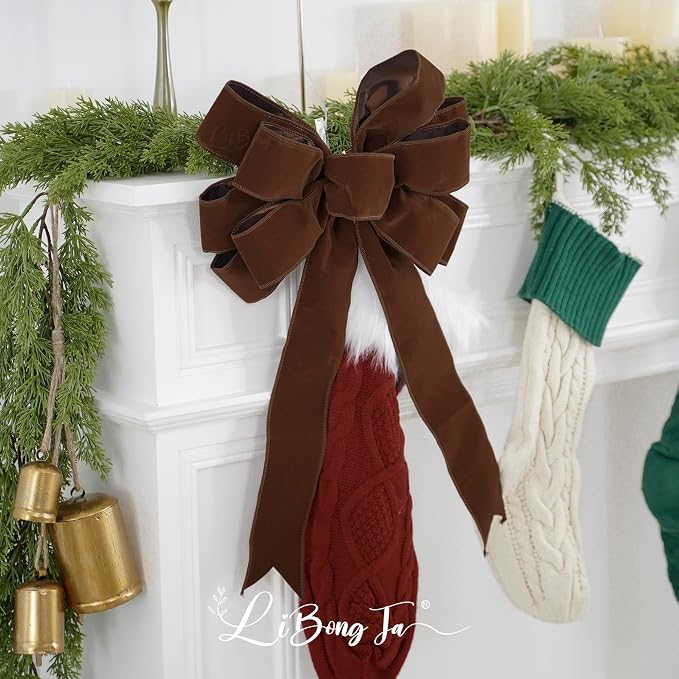 13" Brown Velvet Christmas Tree Topper Bow, Premade, 13" x 20"