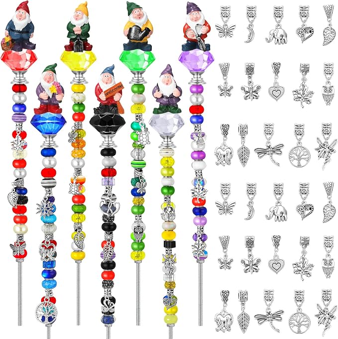 Lineshading 160 Pcs Fairy Wand Gnome Garden Stakes DIY Beaded Stake Garden Decor Includes 7 Crystal Stopper Top 7 Gnome 112 Large Hole Beads 20 Silver Pendants 7 Threaded Rods 7 Pcs Nuts,for Craft
