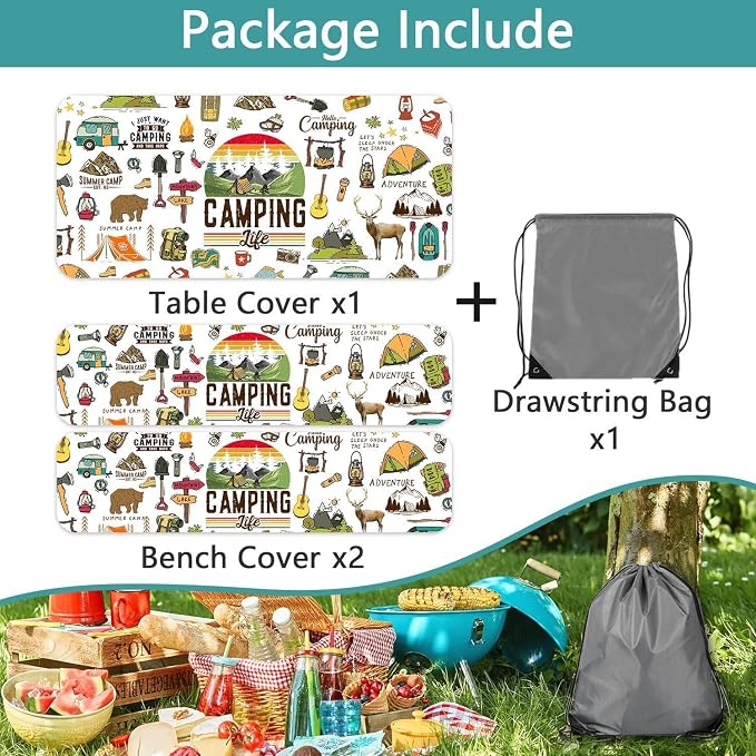 Picnic Table Cover with Bench Covers Camper RV Camping Essentials Waterproof Windproof Camping Tablecloth with Drawstring Bag, Fitted Rectangle Tables and Seats White，72" x 30" inch