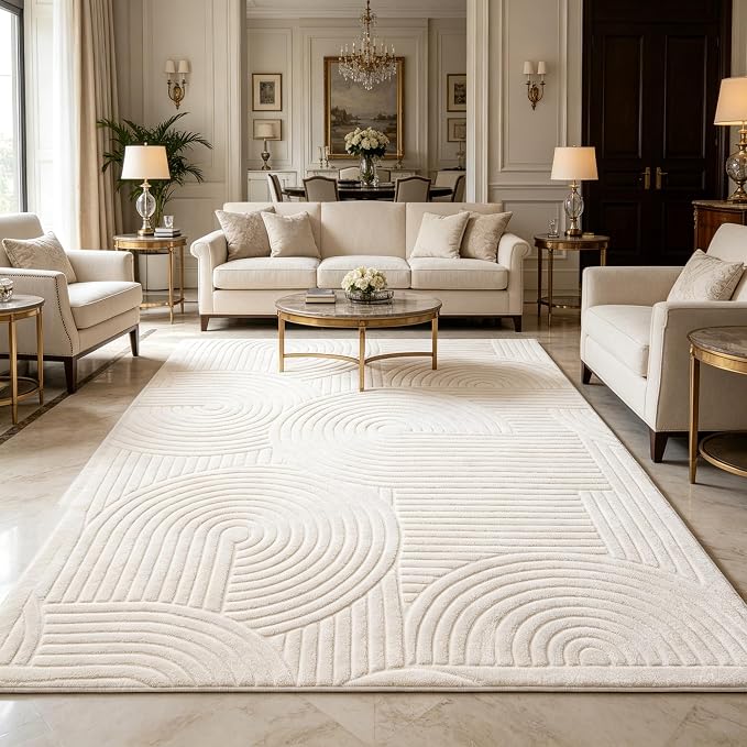 Beige Geometric 5x7 Solid Area Rug, Washable Living Room Rug | Ultra Soft Boho Pattern Minimalist Non-Slip Carpet, Rugs for Bedroom, Bedsied, Kids Room, Nursery, Apartment, Home Office