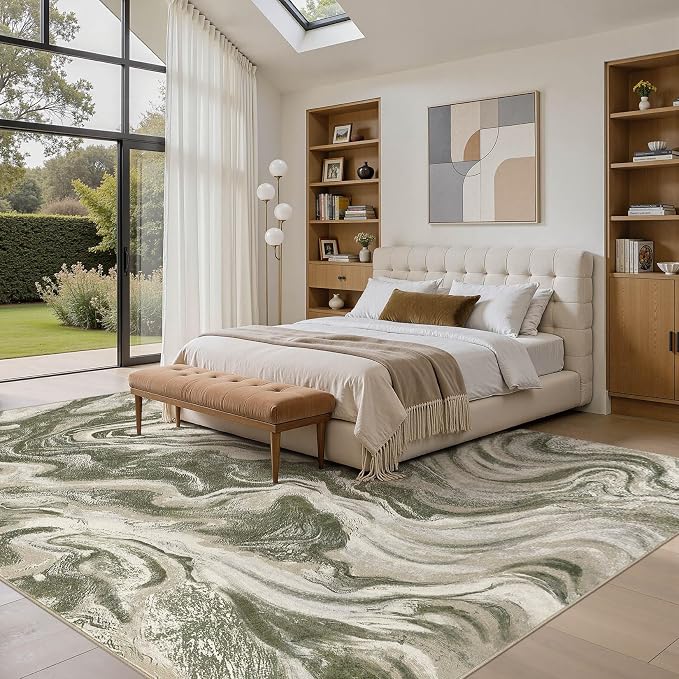 DMOYEST 6x9 Area Rug for Living Room Washable Abstract Indoor Carpet | Neutral Modern Low Pile Rugs Kid & Pet Friendly Soft Thin Carpet for Bedroom Dining Room and Office - Olive Green