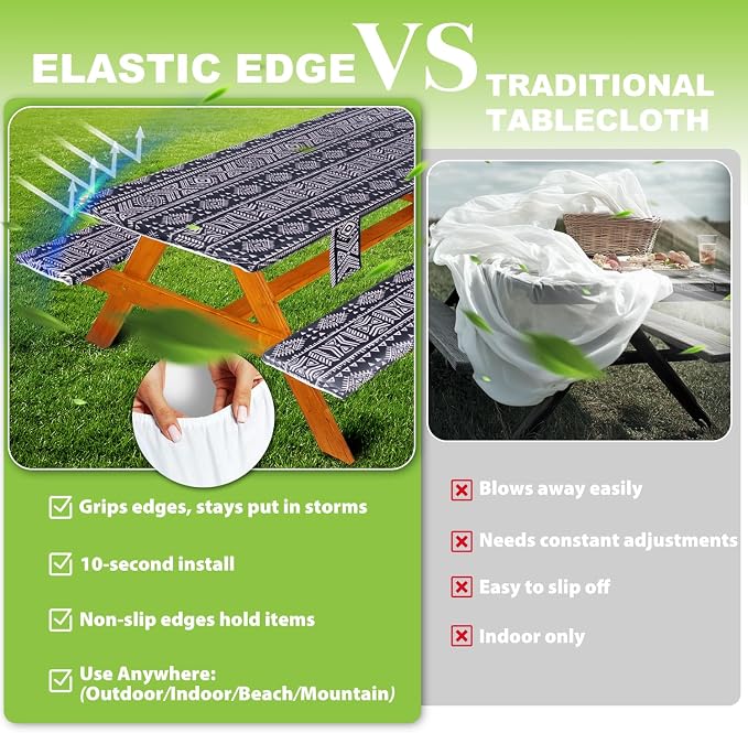 Wrakus Picnic Table Cover with Bench Covers Vinyl Elastic Edges Fitted Rectangle Seat Tables Waterproof 3-Piece96X30in Set Outdoor Rectangular Folding Backing Tablecloth for Camping Over Size