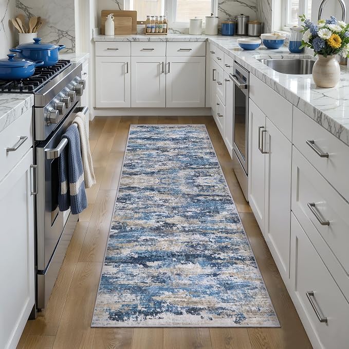Tangsoo Abstract 2x6 Washable Runner Rug, Modern Non Slip Runner Rugs | Contemporary Indoor Soft Low Pile Rugs for Hallway,Print Carpet Runners for Laundry Entryway Bedroom Kitchen Blue Grey Decor