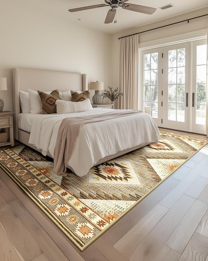 7'x9' Washable Area Rug for Living Room Bedroom Cream/Camel | Soft Western No Slip Low Pile Print Foldable Indoor for Kitchen Dining Room