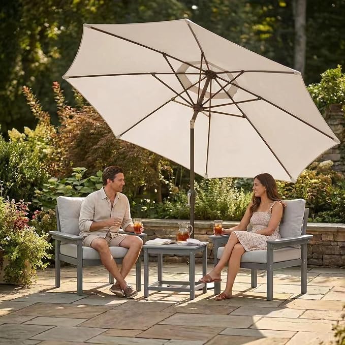 Kingdura 9FT Outdoor Patio Umbrella, Round Market Table Umbrella with Push‑Button Tilt and Crank Lift, 8 Sturdy Metal Ribs, UV50+ Protection Canopy for Backyard, Lawn, Deck, Poolside, Garden (Beige)