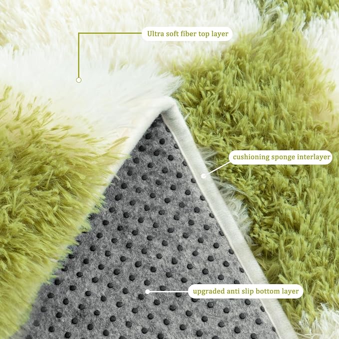 Checkered Rug for Living Room 6x9, Ultra Fluffy Fuzzy Shag Large Area Rug for Bedroom, Modern Plush Soft Upgrade Non-Slip Carpet for Kids Girls and Boys Room Dorm Home Decor, Cream and Green