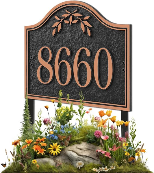 Yard Address Sign - Personalized Address Plaque,House Number Yard Sign,House Numbers for Outside,Lawn,Yard,Ground with 2 Stakes (Black/Red Copper)