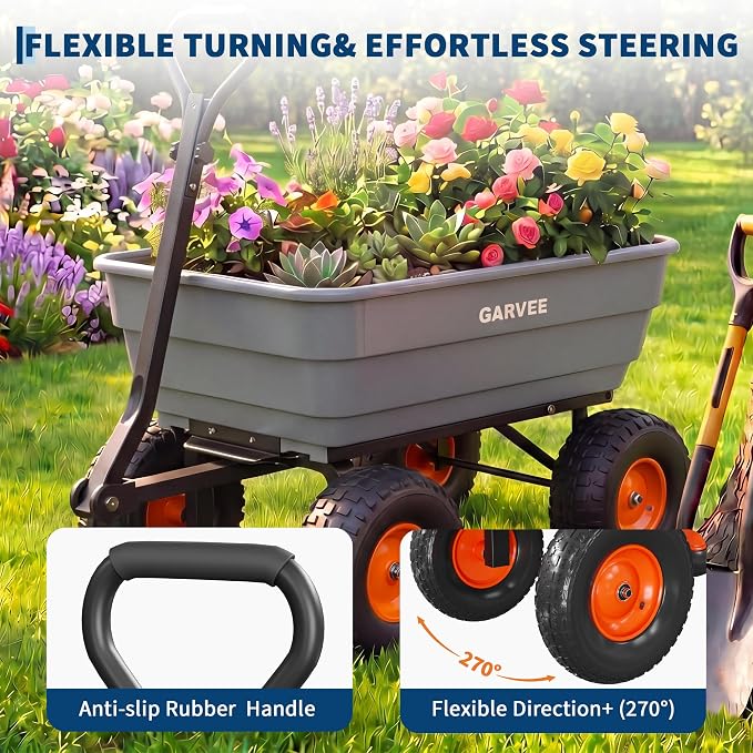 GarveeLife Poly Garden Dump Cart, 1200 lb Wheelbarrow Yard Cart with 13 in Wheels, Quick-Dump & Towable Utility Wagon for Yard, Soil, Rocks（Gray）