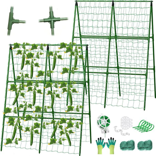 2 Packs Cucumber Trellis for Raised Beds, 31 X 47 Inch Adjustable Size A-Frame Garden Trellis for Climbing Plant Outdoors with Climbing Net and Plant Support Clip for Vegetable Grape Garden Supplies