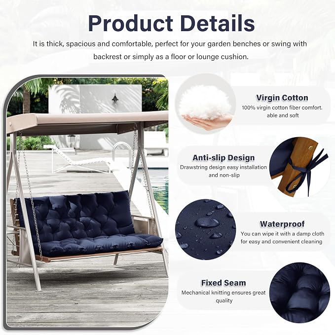 Porch Swing Cushion with Backrest,Waterproof Bench Cushion for Outdoor Furniture,2-3 Seater Replacement Thickened 5 in swing cushion,with Ties,Patio,Outdoor,Backyard and Garden (Navy Blue,60x40 in)